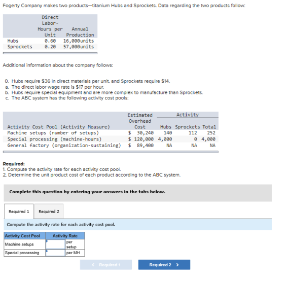 Fogerty Company makes two products-titanium Hubs and Sprockets. Data regarding the two products follow: Direct Labor- Hours p