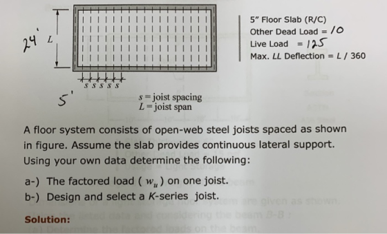 5 Floor Slab (R/C) Other Dead Load /O Live Load =125 Max, LL Deflection = L / 360 s-joist spacing L- joist span A floor syst