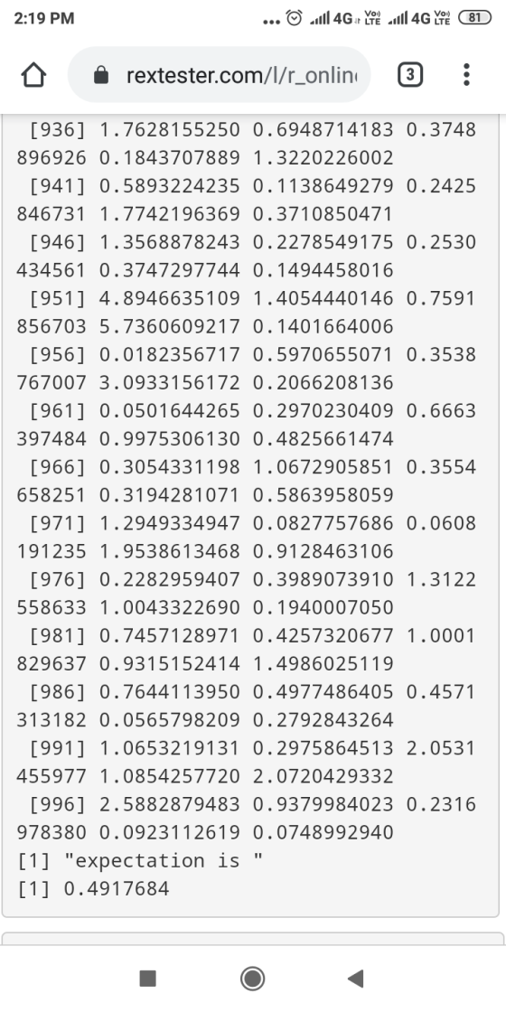 2:19 PM ... @ J1 4G or you will 4G y E (81 rextester.com/\/r_onlin: 3 : [936] 1.7628155250 0.6948714183 0.3748 896926 0.18437