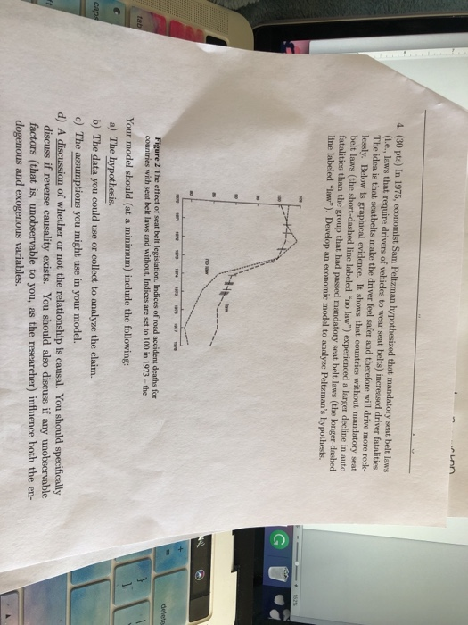 4. (30 pts) In 1975, economist Sam Peltzman hypothesized that mandatory seat belt laws (i.e., laws that require drivers of vehicles to wear seat belts) increased driver fatalities. The idea is that seatbelts make the driver feel safer and therefore will drive more reck- lessly. Below is graphical evidence. It shows that countries without mandatory seat belt laws (the short-dashed line labeled no law) experienced a larger decline in auto fatalities than the group that had passed mandatory seat belt laws (the longer-dashed line labeled law). Develop an economic model to analyze Peltzmans hypothesis. Figure 2 The effect of seat belt legislation. Indices of road accident deaths for countries with seat belt laws and without. Indices are set to 100 in 1973-the Your model should (at a minimum) include the following: a) The hypothesis. b) The data you could use or collect to analyze the claim. c) The assumptions you might use in your model. d) A of whether or not the relationship is causal. You should specifically discuss if reverse causality exists. You should also discuss if any unobservable factors (that is, unobservable to you, as the researcher) influence both the en- dogenous and exogenous variables.