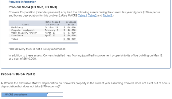 Required information Problem 10-54 (LO 10-2, LO 10-3) Convers Corporation (calendar-year-end) acquired the following assets d
