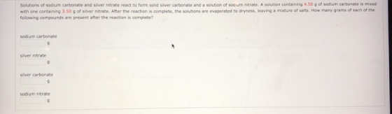 Solutions of sodium carbonate and silver nitrate react to form solid silver carbonate and a solution of sodium nitrate. A sol