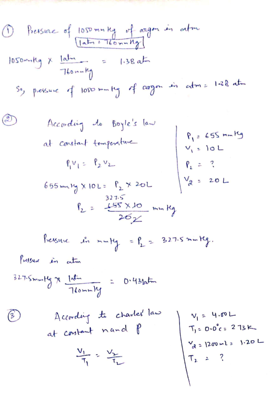 0 Pressure of 1050 mm leg of argon in atm losoming & Honning 1050mning x latm = 1.38 atm 1. So, pressure of 1000 mming of arg