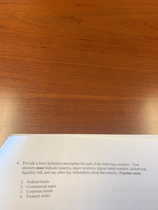 4. Provide a brief definition/description for each of the following securities. Your answers must indicate issuer(s), major i