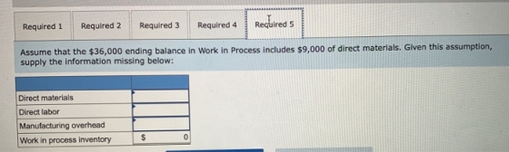 Required 1 Required 2 Required 3 Required 4 Required 5 Assume that the $36,000 ending balance in Work in Process includes $9,