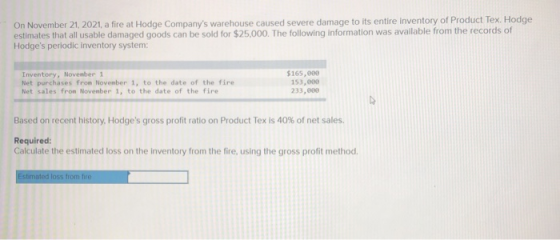 On November 21, 2021, a fire at Hodge Companys warehouse caused severe damage to its entire Inventory of Product Tex. Hodge