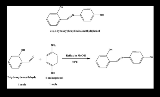 он он 2-(4-hydroxyphenylimin o)methyl)phenol он он Reflux in MeO Он 70C он 2-hydroxybenzaldehyde 4-aminophenol 1 mole mole