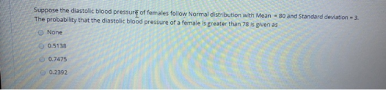 Suppose the diastolic blood pressure of females follow Normal distribution with Mean = 80 and Standard deviation - 3. The pro