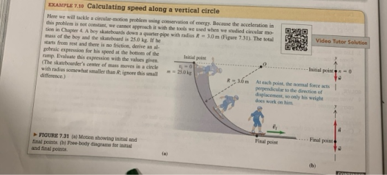EXAMPLE 7.10 Calculating speed along a vertical circle Here we will tackle a circular-motion problem using conservation of en