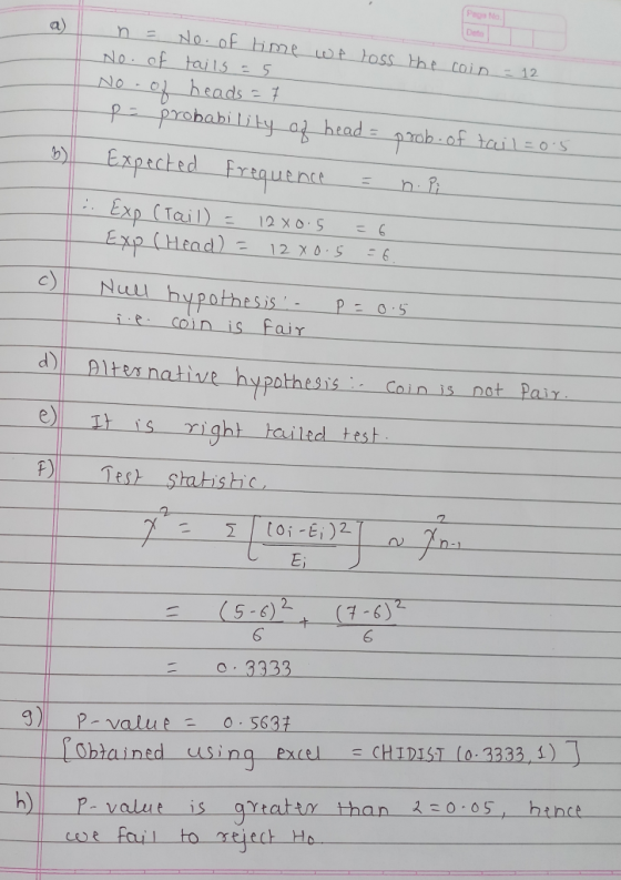n = No. of time we loss the coin = 12 No. of tails = 5 No. of heads = 7 fe probability of head = prob.of taileos Expected fr