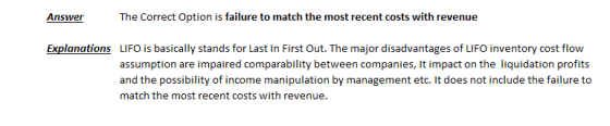 Answer The Correct Option is failure to match the most recent costs with revenue Explanations LIFO is basically stands for La