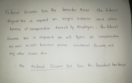 Federal íu come has the broa der baseThe fe dre) The te a) Payroll tax is impase dn wages sala ie forms ot compens ation Iucome tav is impose d on al ypes ot compensohon as well as Ne any othcy income item Carned by emplaeshe federe e te dc a business prohts inveshment ucome, an d Sp Fede al Tcome ax has th brodest tar bas e est tax base