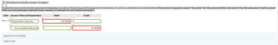 Your answer is partially correct. Try again. Prepare the journal entry for the equipment at December 31, 2021. The fair value