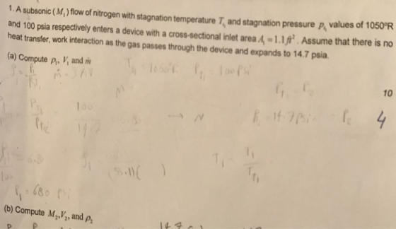 1. A subsonic (M) fow of nitrogen with stagnation temperature T, and stagnation pressure p, values of 1050°R and 100 psia res