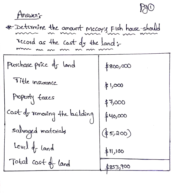 Pgo Answers * Determine the amount Mccoys Fish house-should record as the cast of the land: purchase price of land $800,000