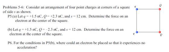 Problems 5-6: Consider an arrangement of four point charges at corners of a square of side s as shown. P5.(a) Let q +1.5 nC, +2.3 nC, ands 12 cm. Determine the force on an electron at the center of the square (b) Let q = + ! .5 nC, Q-_ 2.3 nC, and s = 12 cm. Determine the force on an electron at the center of the square 0 P6. For the conditions in P5(b), where could an electron be placed so that it experiences no acceleration?