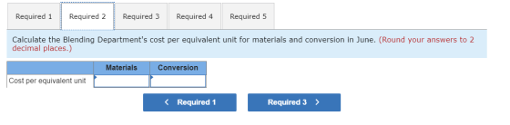 Required 1 Required 2 Required 3 Required 4 Required 5 Calculate the Blending Departments cost per equivalent unit for mater
