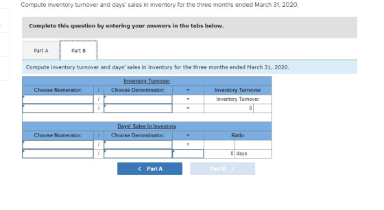 Compute inventory turnover and days sales in inventory for the three months ended March 31, 2020. Complete this question by