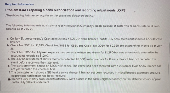 Required information Problem 8-4A Preparing a bank reconciliation and recording adjustments LO P3 [The following information