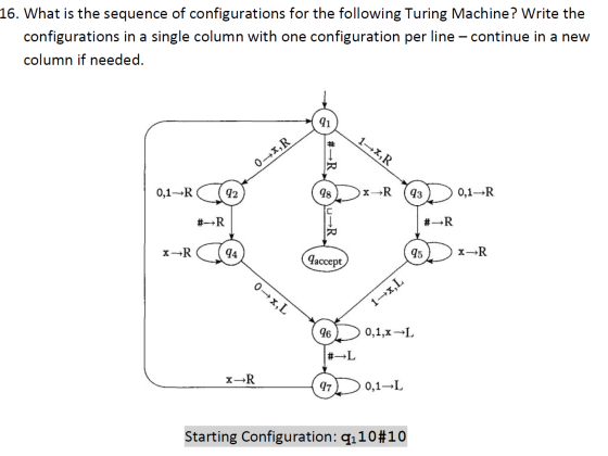 16. What is the sequence of configurations for the following Turing Machine? Write the configurations in a single column with