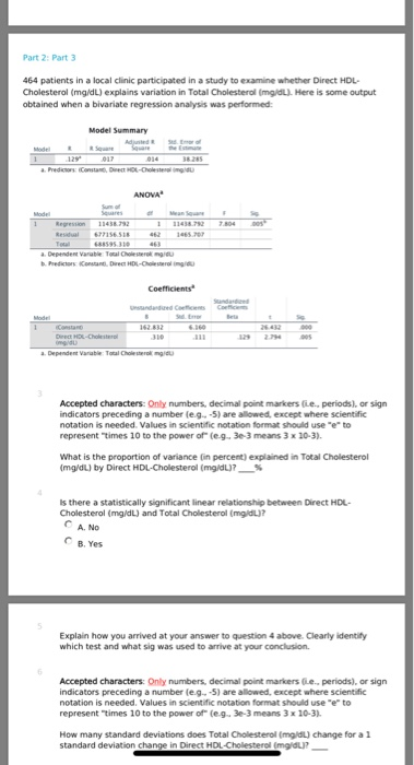 Part 2 Part 3 464 patients in a local clinic participated in a study to examine whether Direct HDL Cholesterol (mg/dL) explai