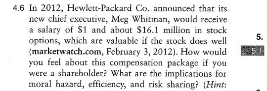 4.6 In 2012, Hewlett-Packard Co. announced that its new chief executive, Meg Whitman, would receive a salary of $1 and about $16.1 million in stock options, which are valuable if the stock does well (marketwatch.com, February 3, 2012). How would you feel about this compensation package if you were a shareholder? What are the implications for moral hazard, efficiency, and risk sharing? (Hint: 5.