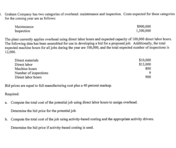 . Graham Company has two categories of overhead: maintenance and inspection. Costs expected for these categories for the comi