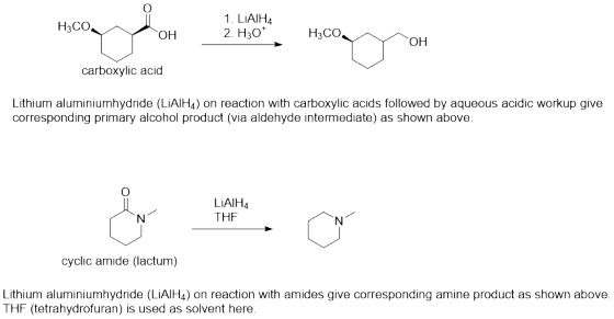 H3CO 1. LIAIH4 2. H30* OH H3COOH carboxylic acid Lithium aluminiumhydride (LIAIHA) on reaction with carboxylic acids followed