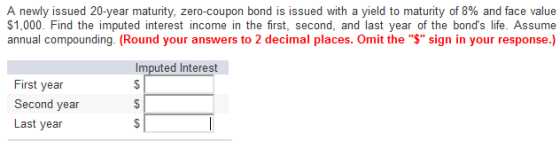 A newly issued 20-year maturity, zero-coupon bond is issued with a yield to maturity of 8% and face value $1,000. Find the im