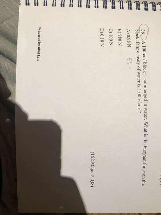 36. A 100-cm block is submerged in water. What is the buoyant force on the block if the density of water is 1.00 g/cm? A) 0