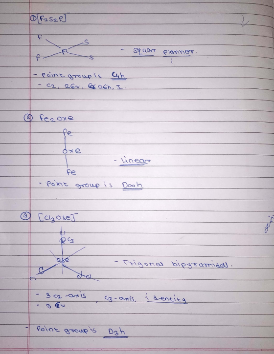 0 FzSz PJ Square planner. fas - point group is C4h - C2, 260, 261. I fee oxe fe o xe - Linear fe - point group is Dooh О Сcl,
