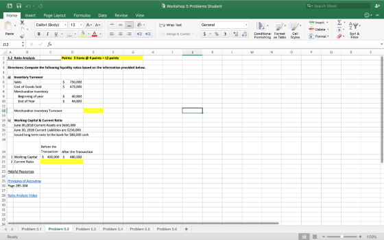 Workshop 5 Problems Student Q Search Sheet Data Review View OBOU Home Insert Page Layout Formulas , Calibri (Body) - 12 - A P