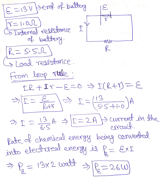 w R €=13u femf of battery E tamuf Tr=1-02 & Internal resistance I of battery. IR = 5:52 Load resistance. from loop stelle: IR