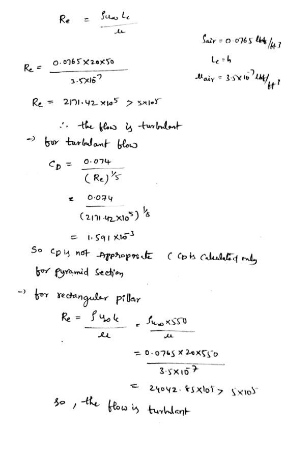 Re = luule u Sair = 0.0765 445/43 0.0765 X20X50 4th Re= 3.5X167 lair = 3.5/10?list Re = 2101.42x105 75x105 the flow is turbu