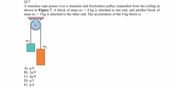 Q17. A massless rope passes over a massless and frictionless pulley suspended from the ceiling as shown in Figure 7. A block of mass mi 4 kg is attached to one end, and another block of mass m2-5 kg is attached to the other end. The acceleration of the 5-kg block is: 701 in A) g/9 B) 5g/9 C) 4g/9 D) g/5 E) g/4