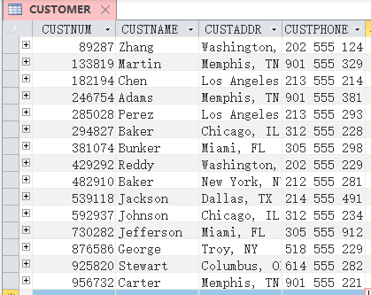 CUSTOMER X CUSTNUM - CUSTNAME - CUSTADDR - CUSTPHONE - 89287 Zhang Washington, 202 555 124 133819 Martin Memphis, TN 901 555