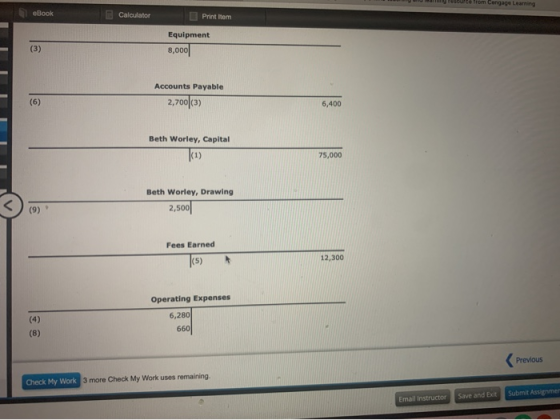 ce from Cengage Learning eBook Calculator Print Item Equipment 8,000 (3) Accounts Payable 2,700|(3) (6) 6,400 Beth Worley, Ca