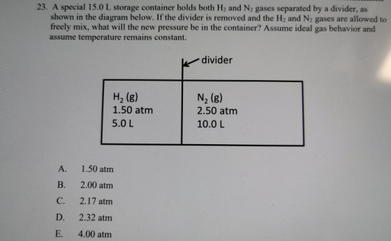 23. A special 15.0 L storage container holds both H, and N2 gases separated by a divider, as shown in the diagram below. If t