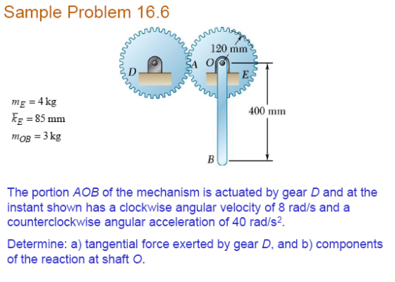 Sample Problem 16.6 120 mm mE -4kg EE = 85mm ??? 3 kg 400 mm The portion AOB of the mechanism is actuated by gear D and at the instant shown has a clockwise angular velocity of 8 rad/s and a counterclockwise angular acceleration of 40 rad/s2 Determine: a) tangential force exerted by gear D, and b) components of the reaction at shaft O