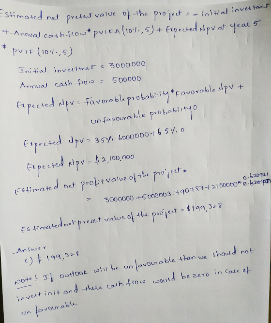 Estimated net present value of the project = - initial invest + Annual cash flow* puiFA (10%, 5) + Expected spv at year 5 * P