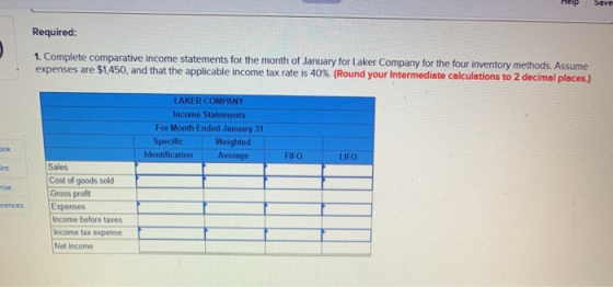 Required: 1. Complete comparative income statements for the month of January for Laker Company for the four inventory methods