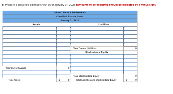 5. Prepare a classified balance sheet as of January 31, 2021. (Amounts to be deducted should be indicated by a minus sign.) G