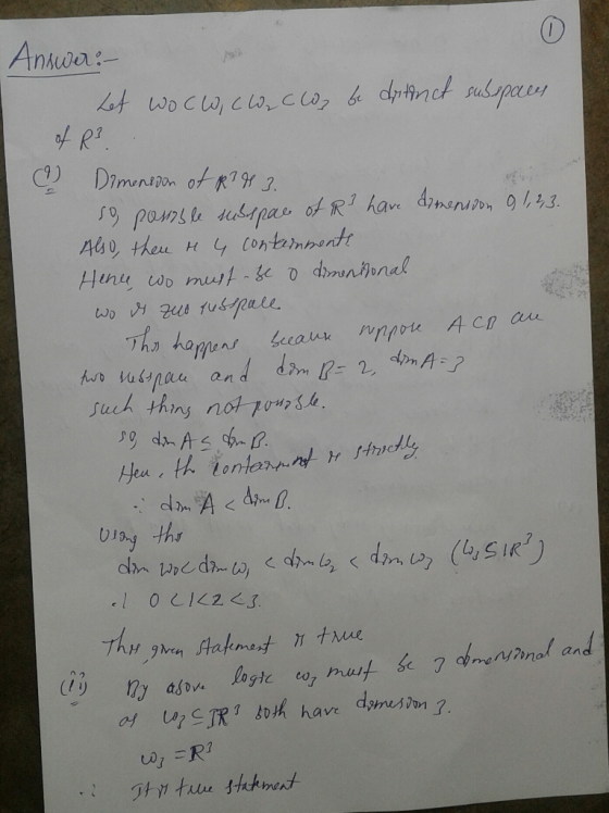 0 Answer: Let woch, ciecos be detinct subspaces. of Rs (2) Dimension of $?983. so posible Misspae of PR have dimension 91,2,3