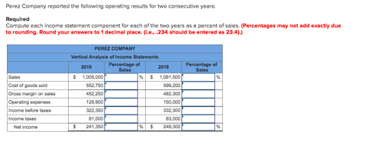 Perez Company reported the following operating results for two consecutive years: Required Compute each income statement comp