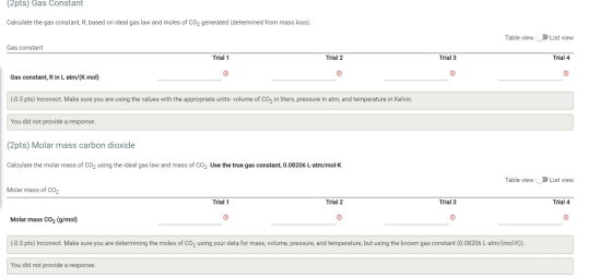 (2pts) Gas Constant Calculate the gas constant, R, based on ideal gas law and moles of CO2 generated (determined from mass lo