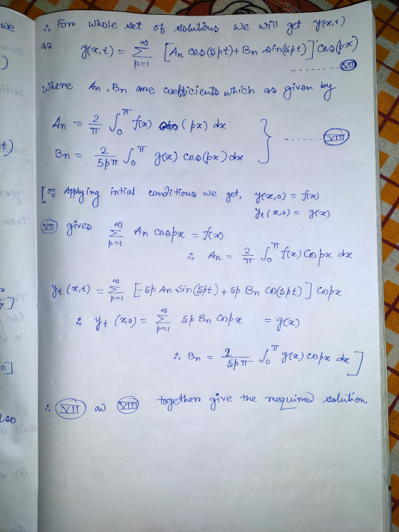 we For whole set of solutions oo ar we will get yox, t) Jex, t) = [An cos($pt)+ Ben sein (opt) ]cospa) u T where An, Bn are