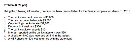 Problem 3 (20 pts) Using the following information, prepare the bank reconciliation for the Texas Company for March 31, 2016.