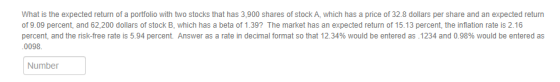 What is the expected return of a portfolio with two stocks that has 3,900 shares of stock A, which has a price of 32.8 dollar