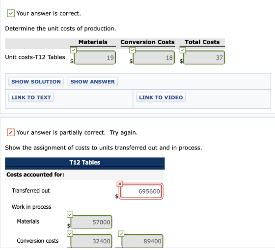 Your answer is correct. Determine the unit costs of production. Total Costs Materials Conversion Costs Unit costs-T12 Tables