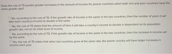 Does the rule of 70 predict greater increases in the amount of income for poorer countries when both rich and poor countries